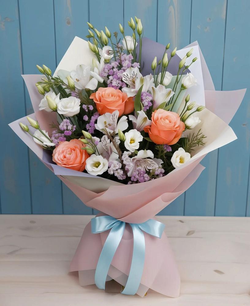 Букет цветов из: Лизиантусы, Розы, Альстромерии и Гипсофила в Новый