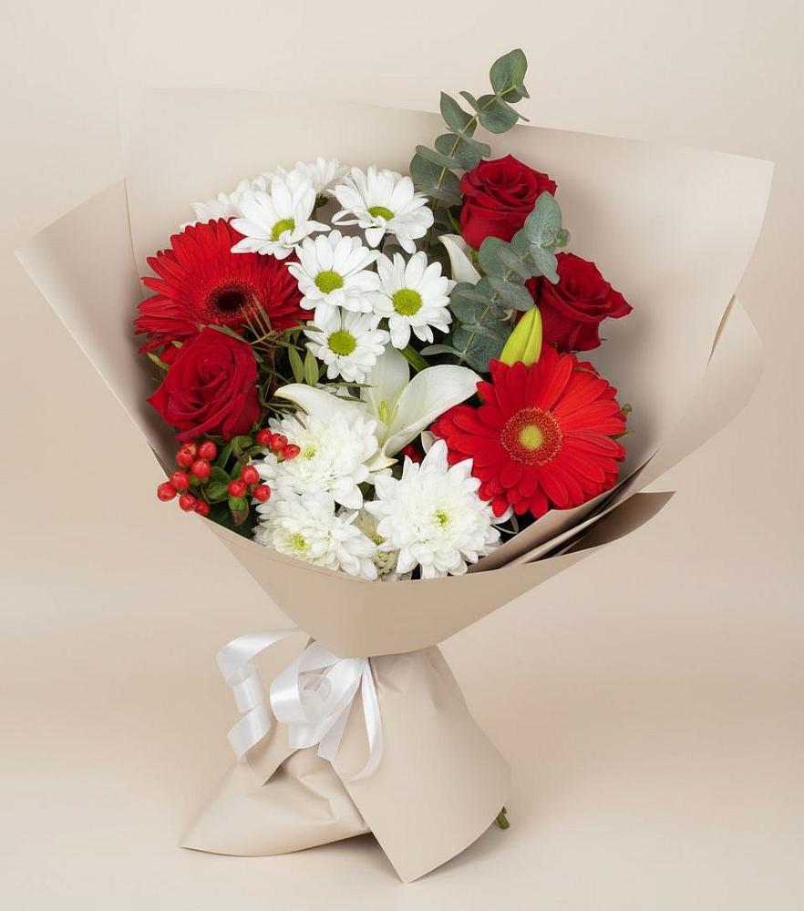 Букет цветов из: Розы, Хризантемы, Герберы и Лилии в Новый