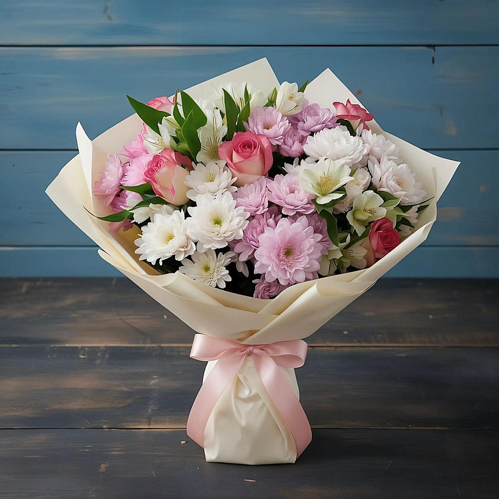 Букет цветов из: Хризантемы, Альстромерии и Розы в Новый